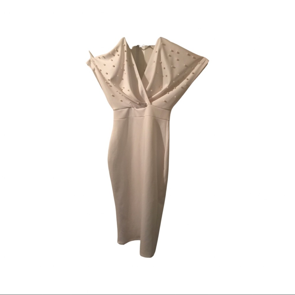 Off the shoulder pearl off white dress custom with gold zipper in back